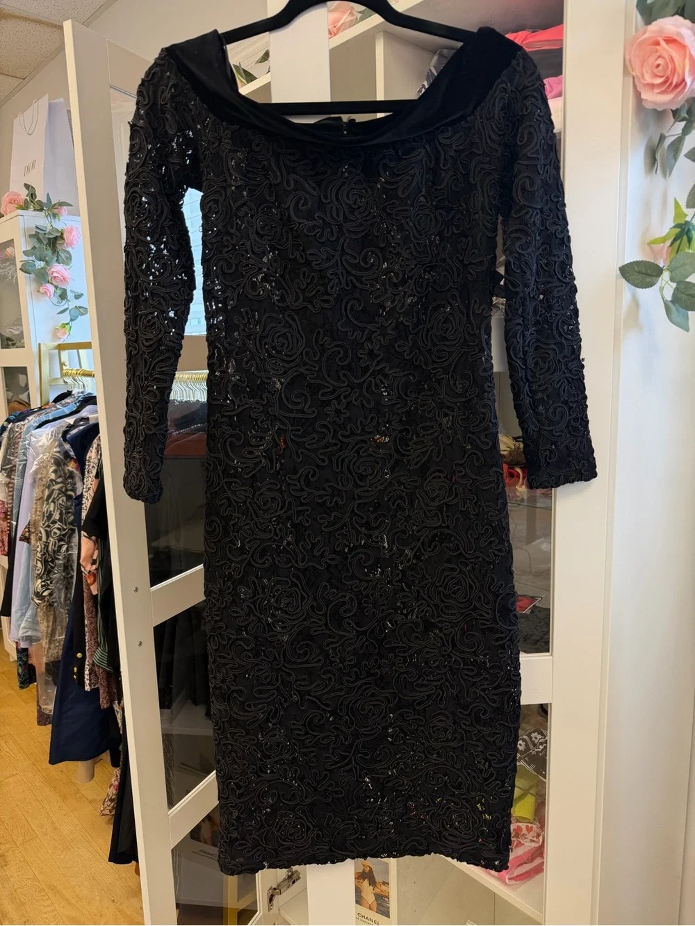 Anne Fontaine Lace Embroidered Semi Sheer Dress Velvet Collar Black Sz 38 US 4 6